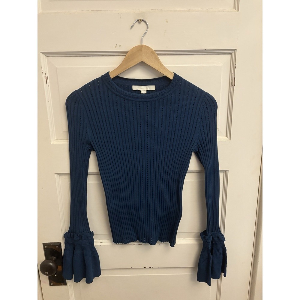 Jonathan Simkhai Women's Blue Ribbed Knit Top Bell Sleeves‎ Size Small $390